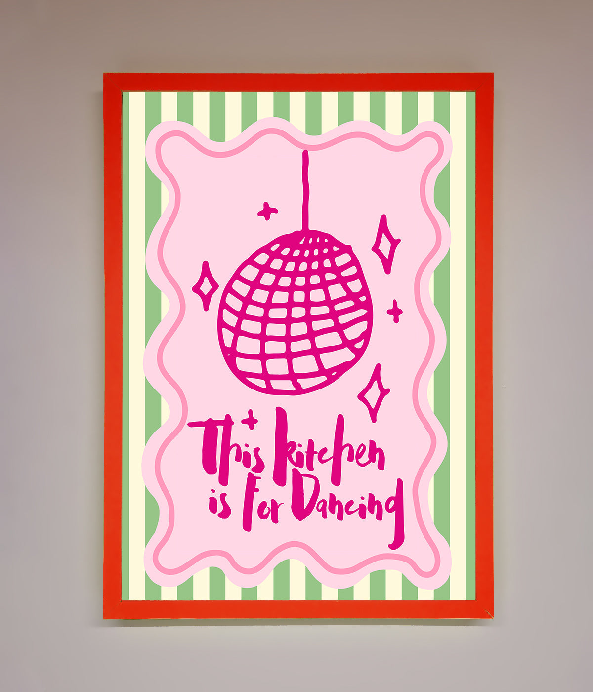 This Kitchen Is For Dancing Framed Wall Art featuring whimsical design with pink disco ball.