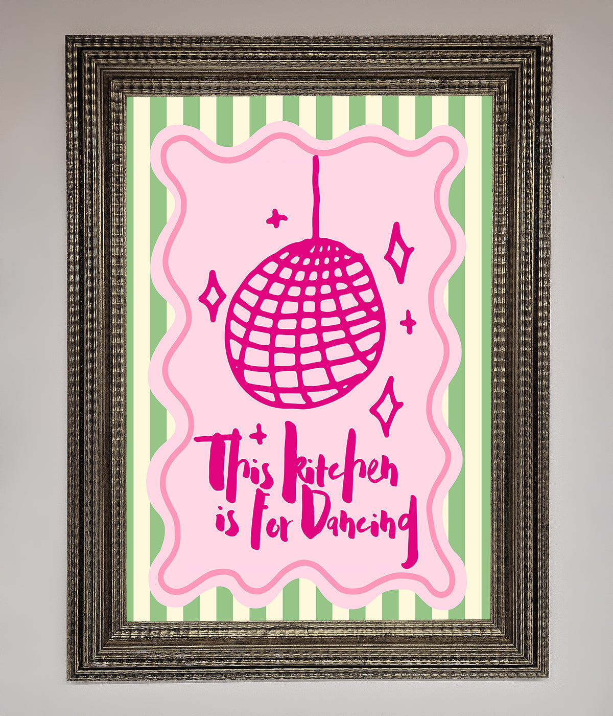 This Kitchen Is For Dancing framed wall art with pink disco ball design.