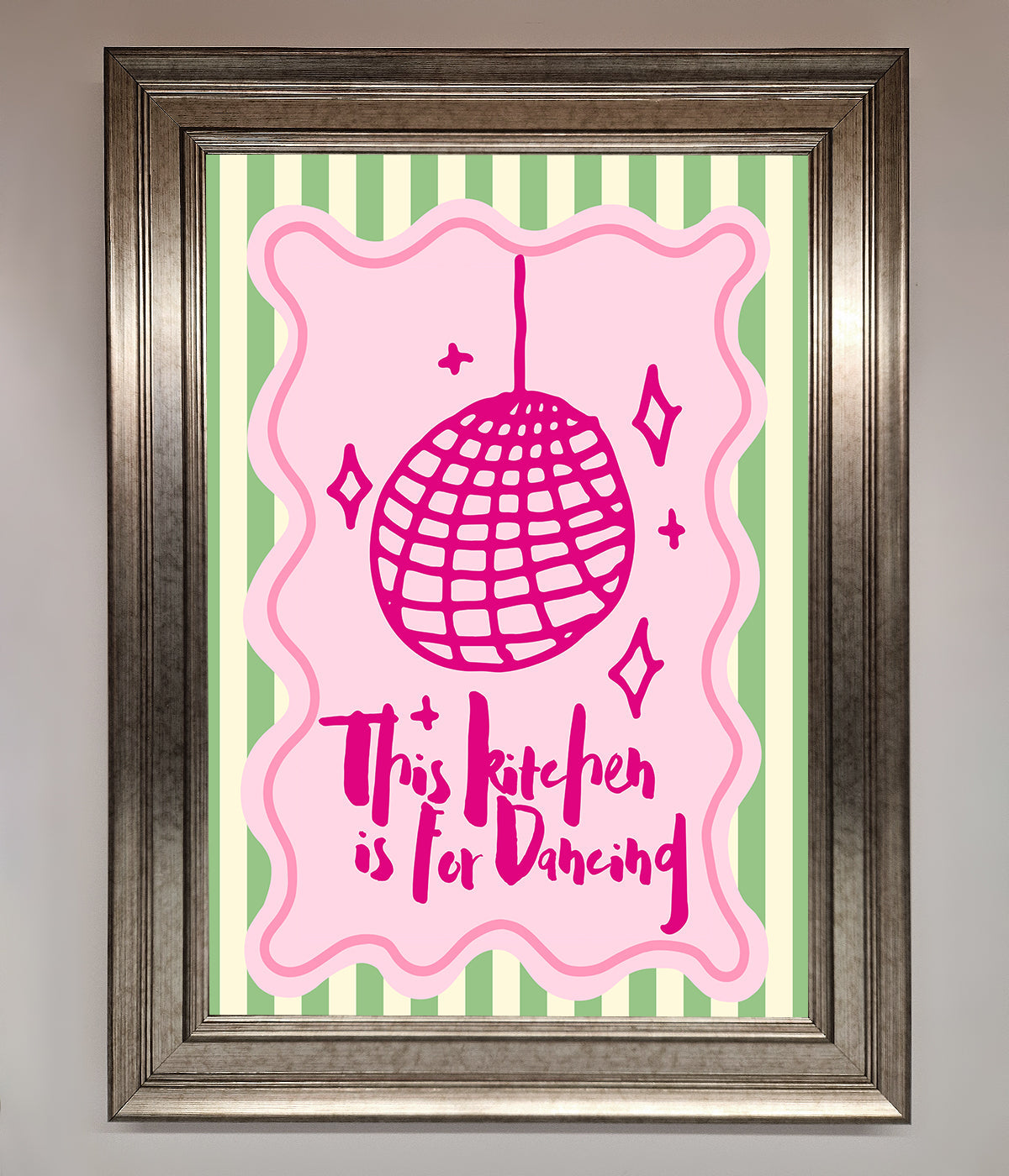 This Kitchen Is For Dancing framed wall art with pink and green design.