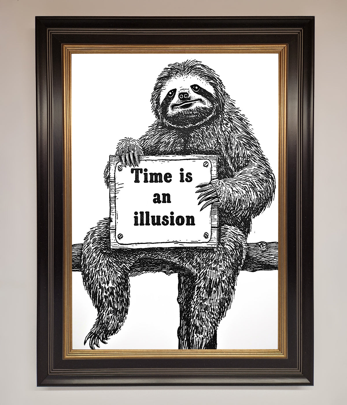 Time Is An Illusion Sloth Black Framed Poster print