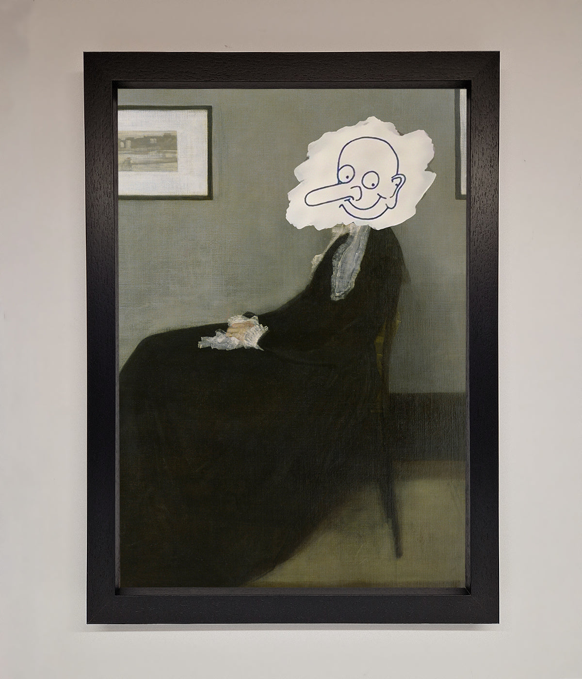 Whistlers Mother framed wall art with humorous face overlay.