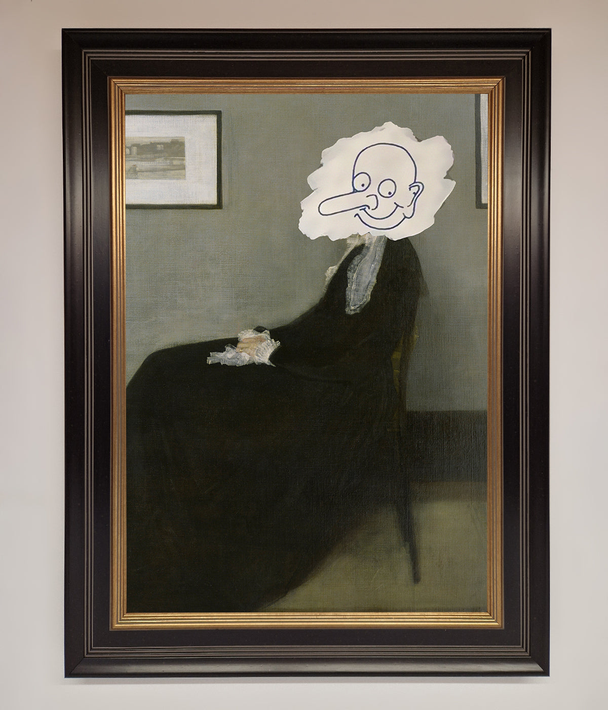 Whistlers Mother framed wall art with cartoon face overlay.