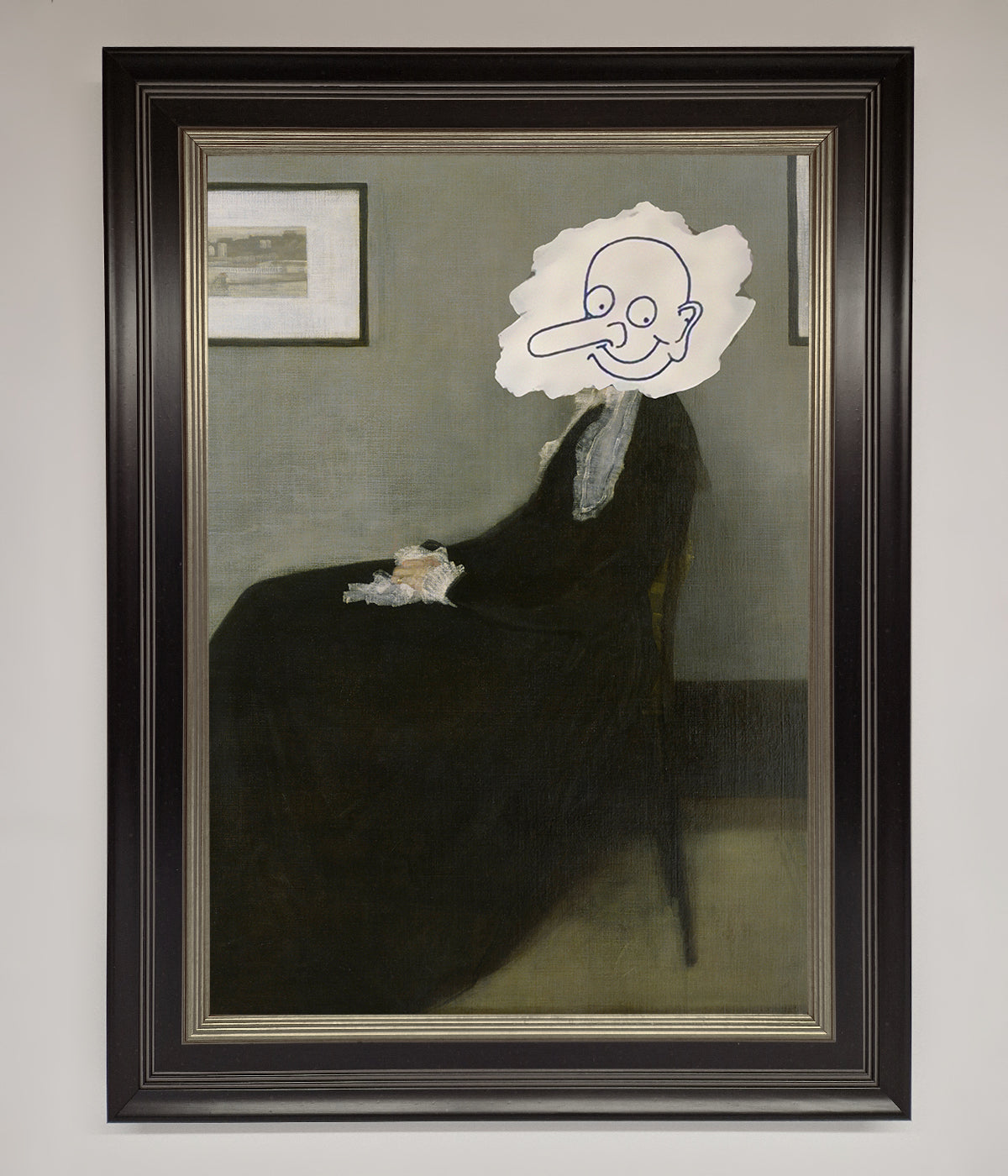 Whistlers Mother framed wall art with playful face overlay.