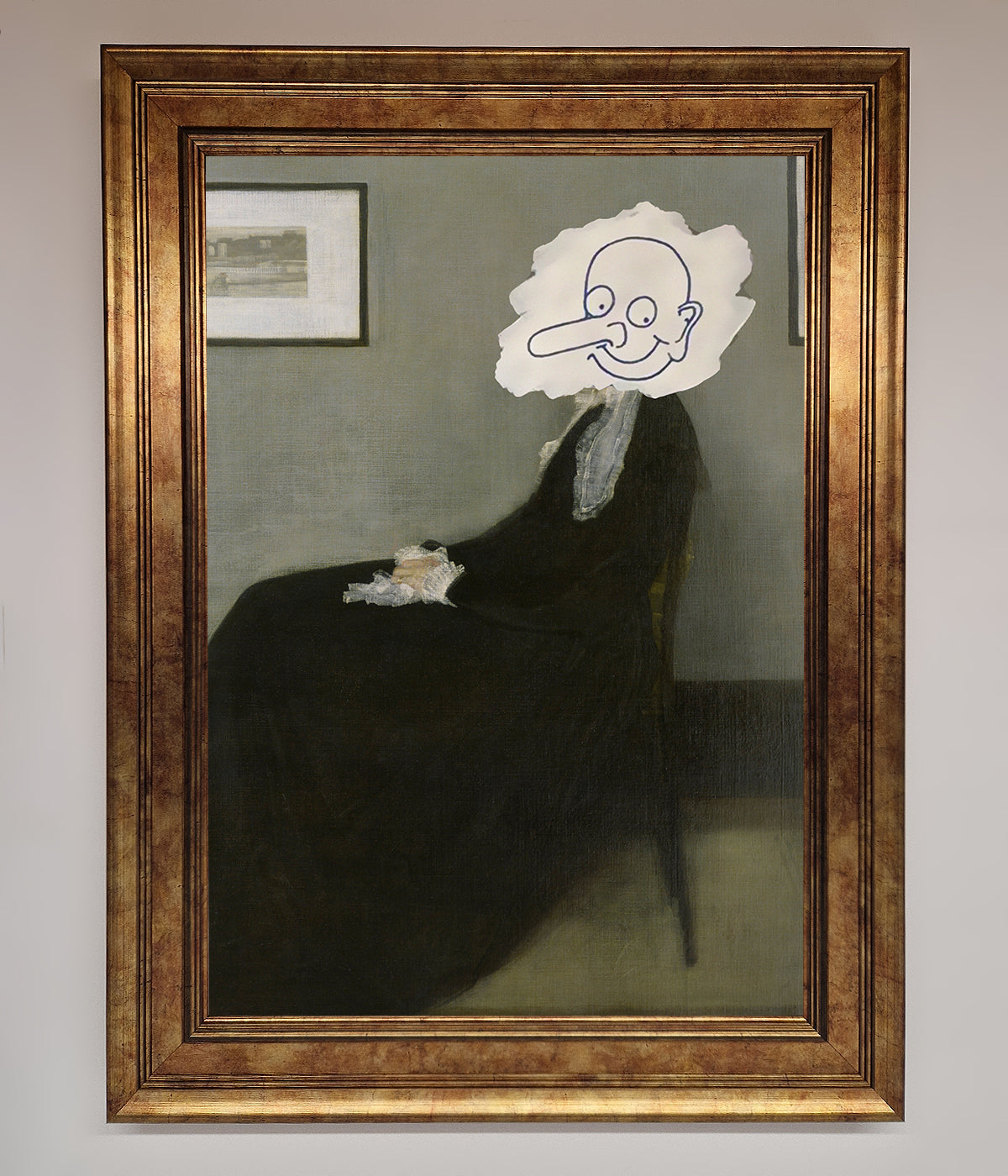 Whistlers Mother Framed Wall Art with humorous face modification.