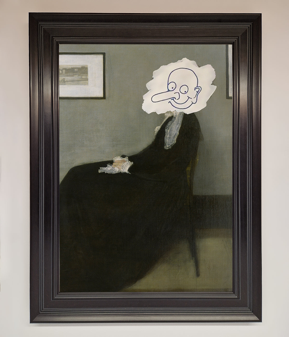 Whistlers Mother Framed Wall Art with a humorous cartoon face overlay.