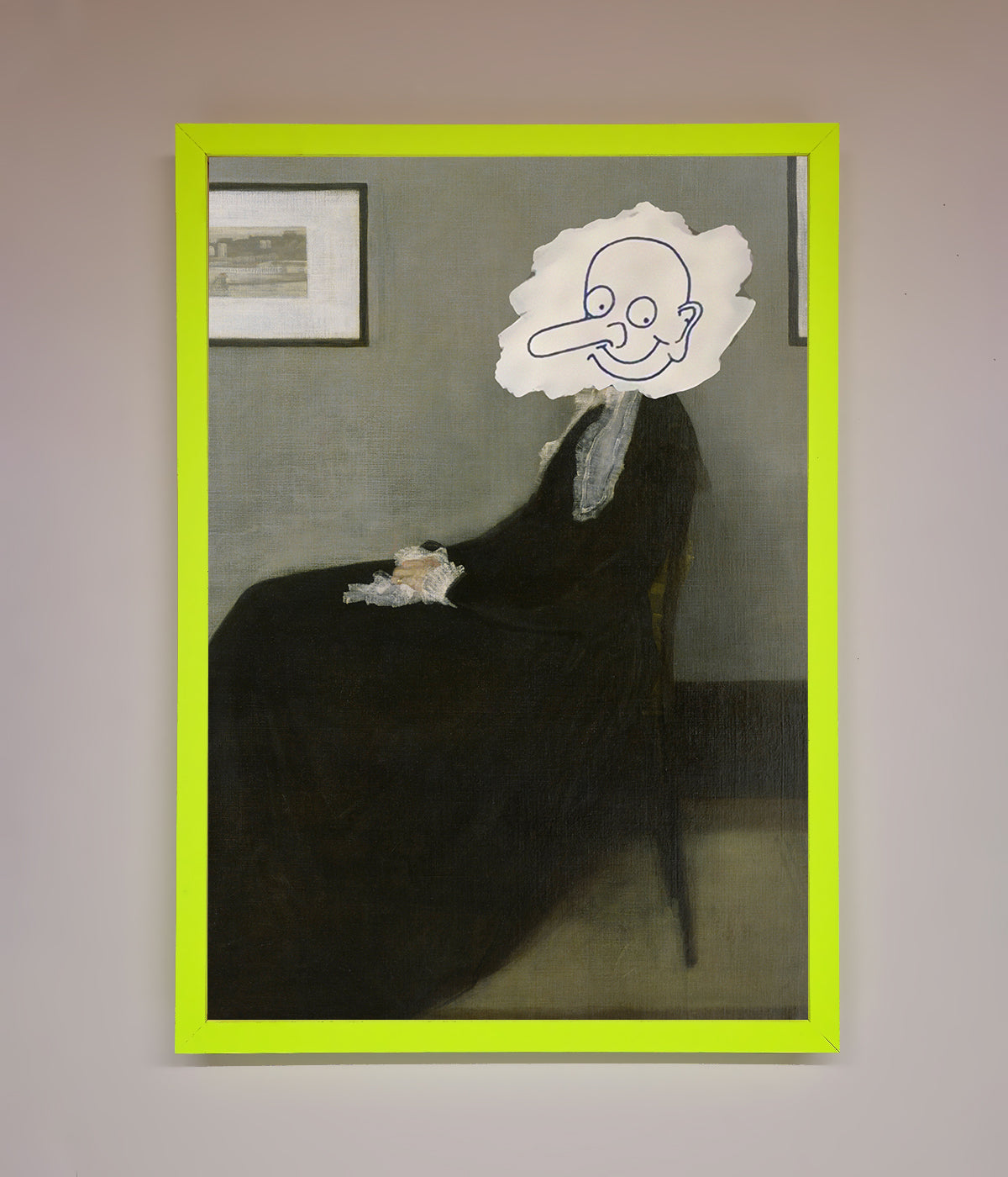 Whistlers Mother Framed Wall Art with cartoon face overlay.