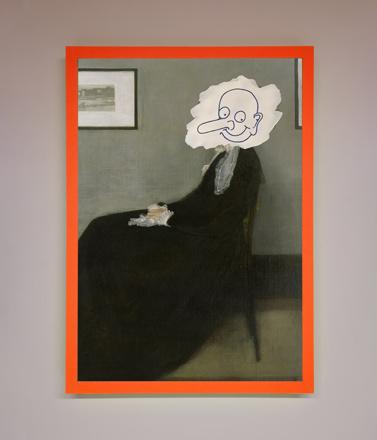 Framed wall art of Whistler's Mother with a humorous graphic overlay.