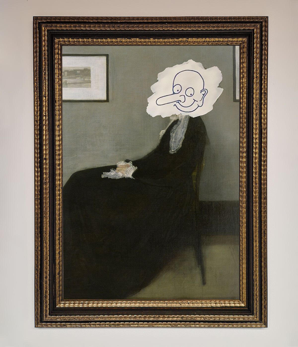 Whistlers Mother framed wall art with cartoon face overlay.