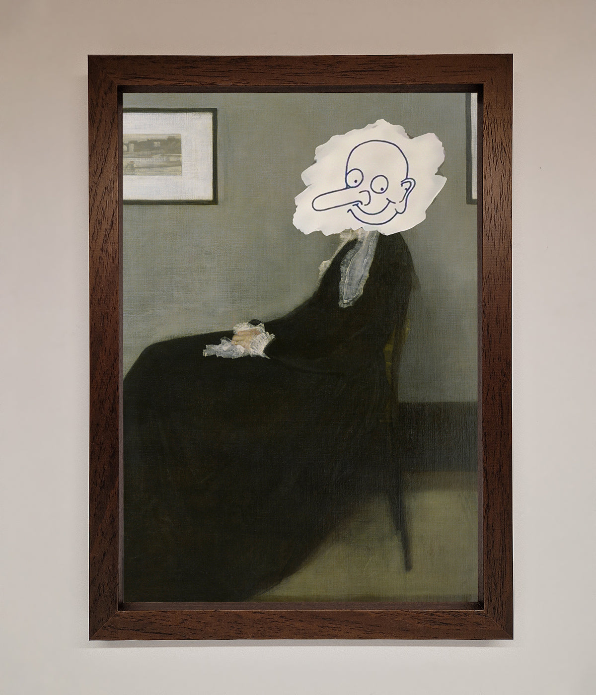 Whistlers Mother framed wall art with whimsical illustration on face.