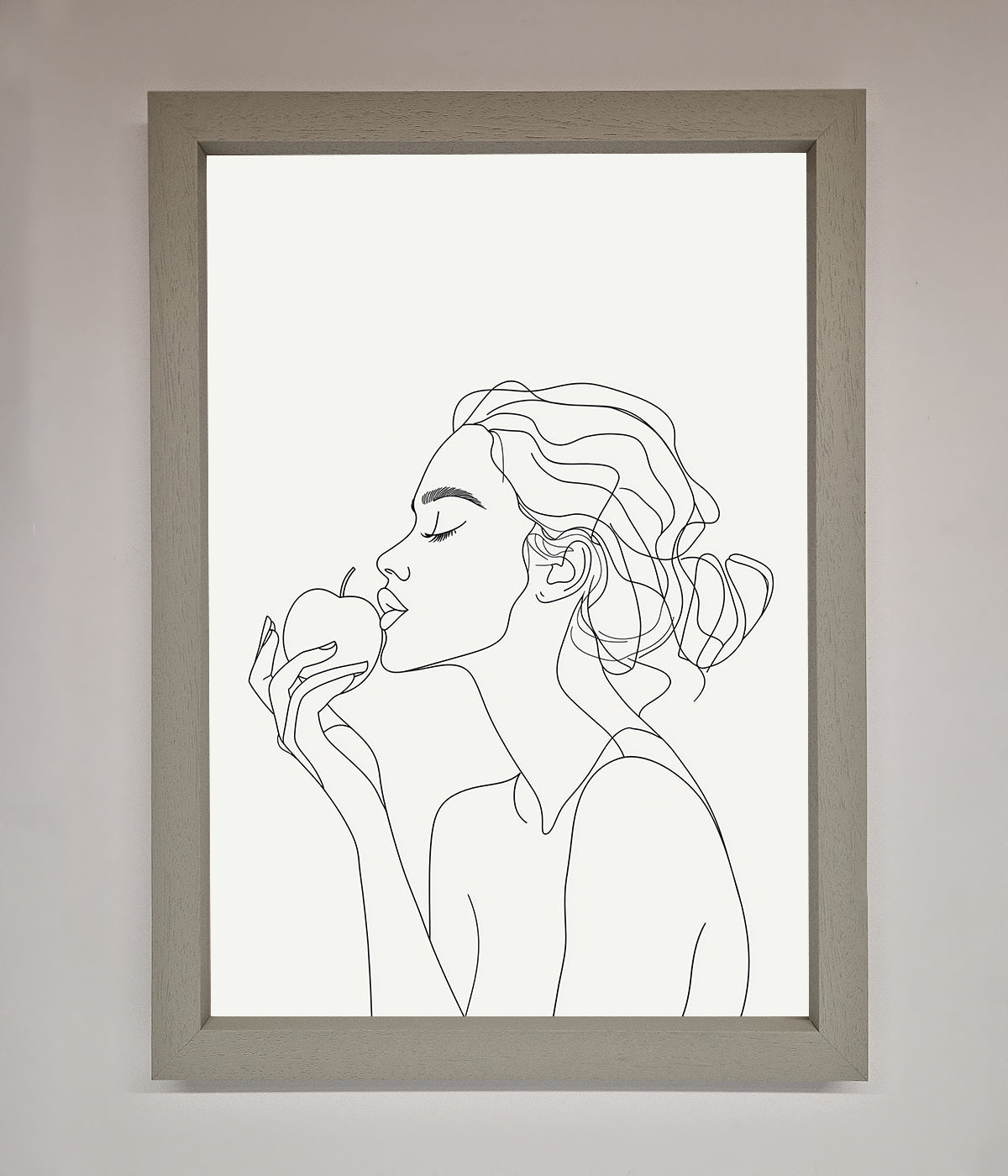 Line drawing of a woman holding an apple, framed poster in elegant design.