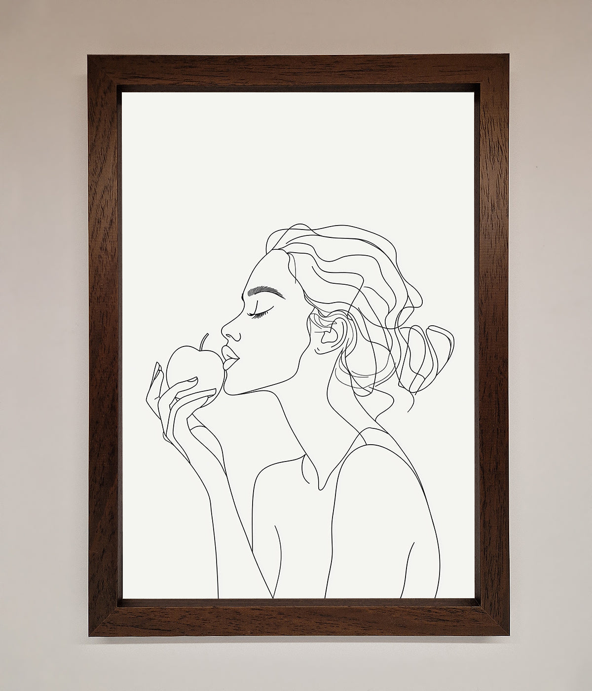 Line drawing of a woman holding an apple in a wooden-framed poster.