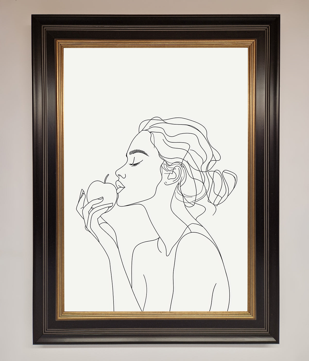 Line drawing framed poster of a woman holding an apple.