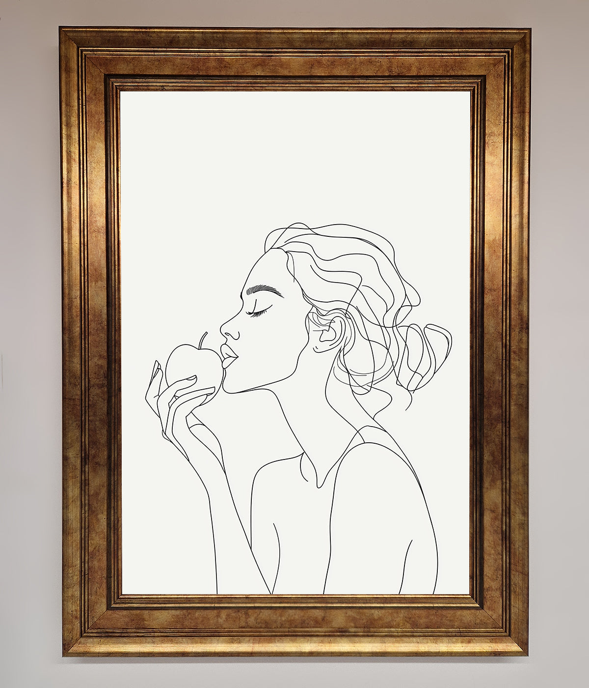 Line drawing of a woman with an apple in a framed poster.