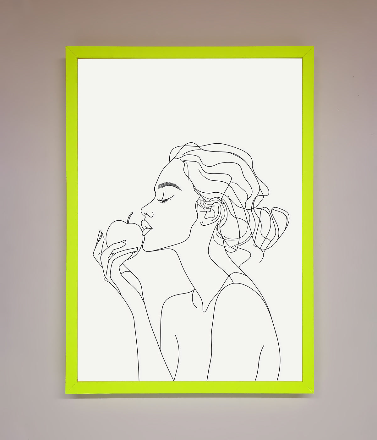 Line drawing of a woman with an apple framed poster.