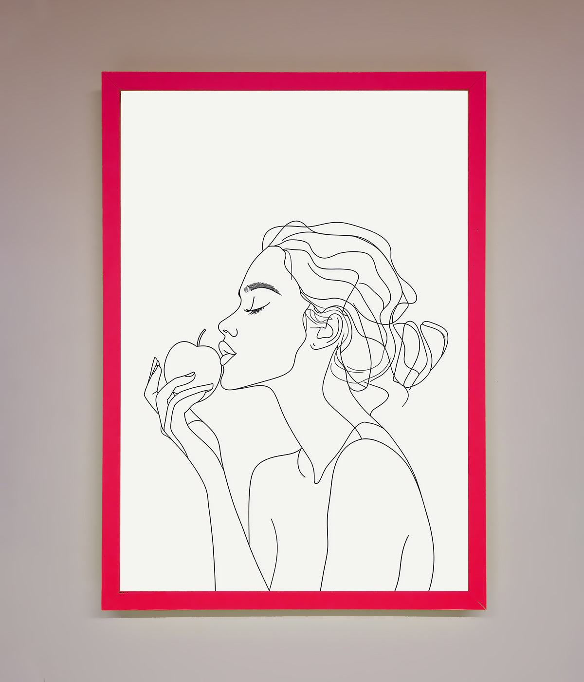 Line drawing of a woman holding an apple, framed poster.