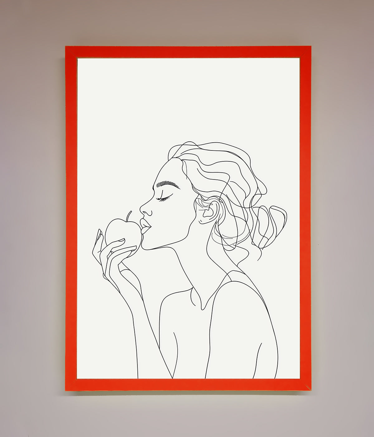 Line drawing of a woman with an apple, framed poster for modern decor.