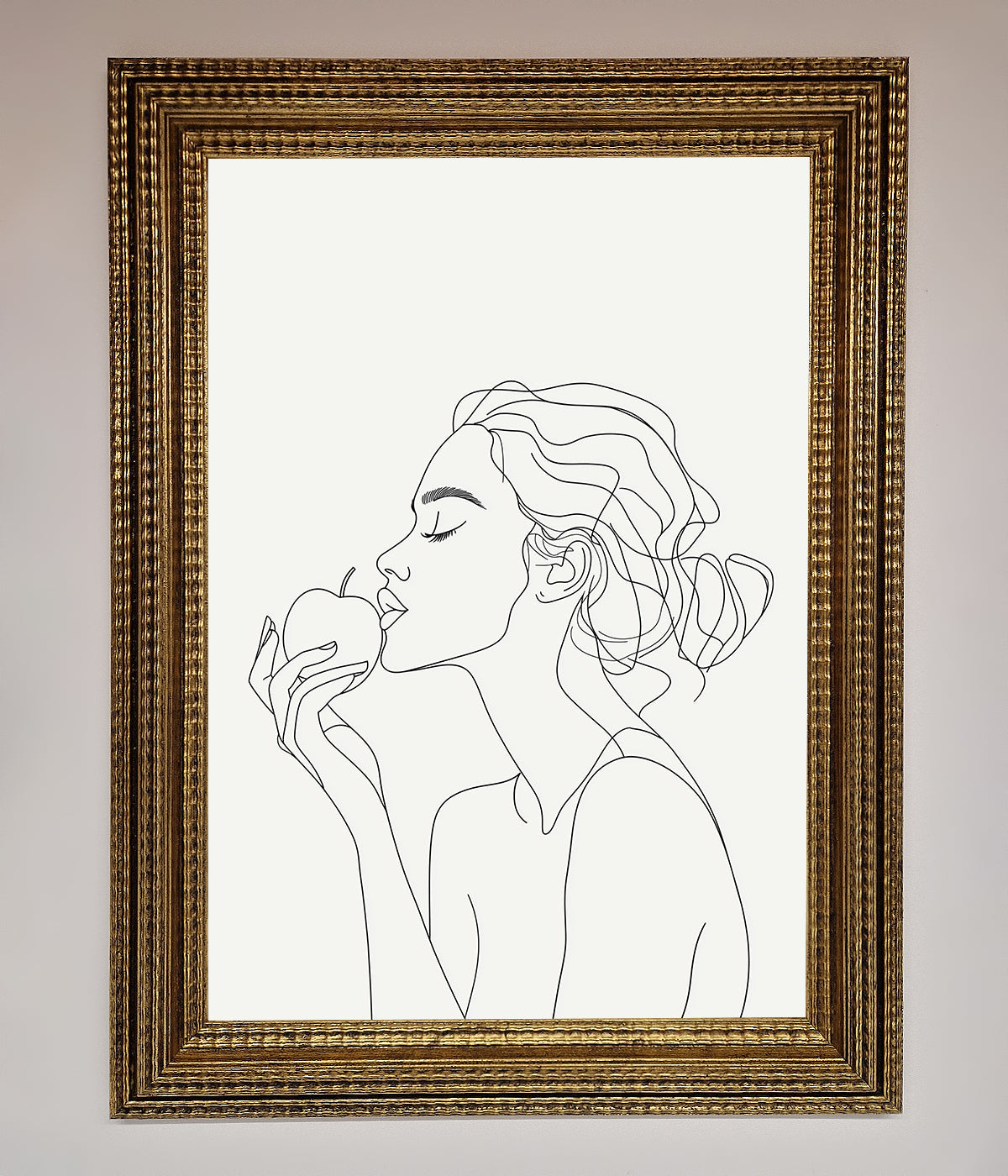 Line drawing of a woman holding an apple, framed poster.