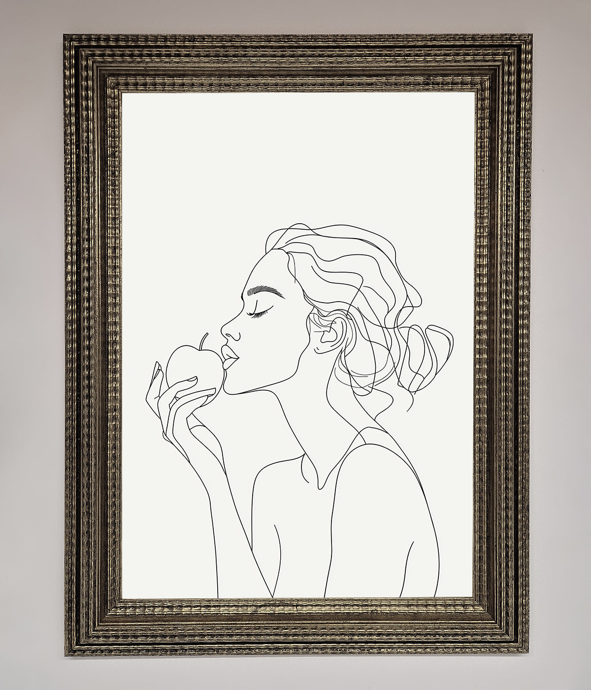 Line drawing of a woman with an apple, framed poster for elegant modern decor.