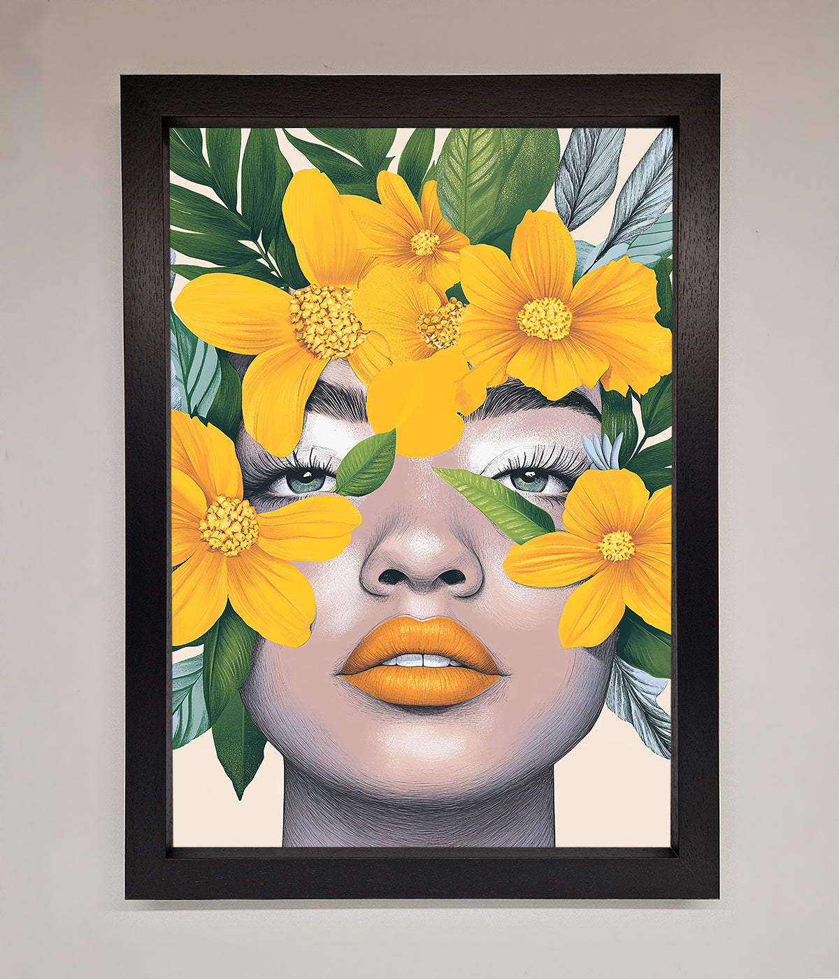 Yellow Flowers Head Framed Poster with vibrant floral design on woman's head, perfect for home or office decor.