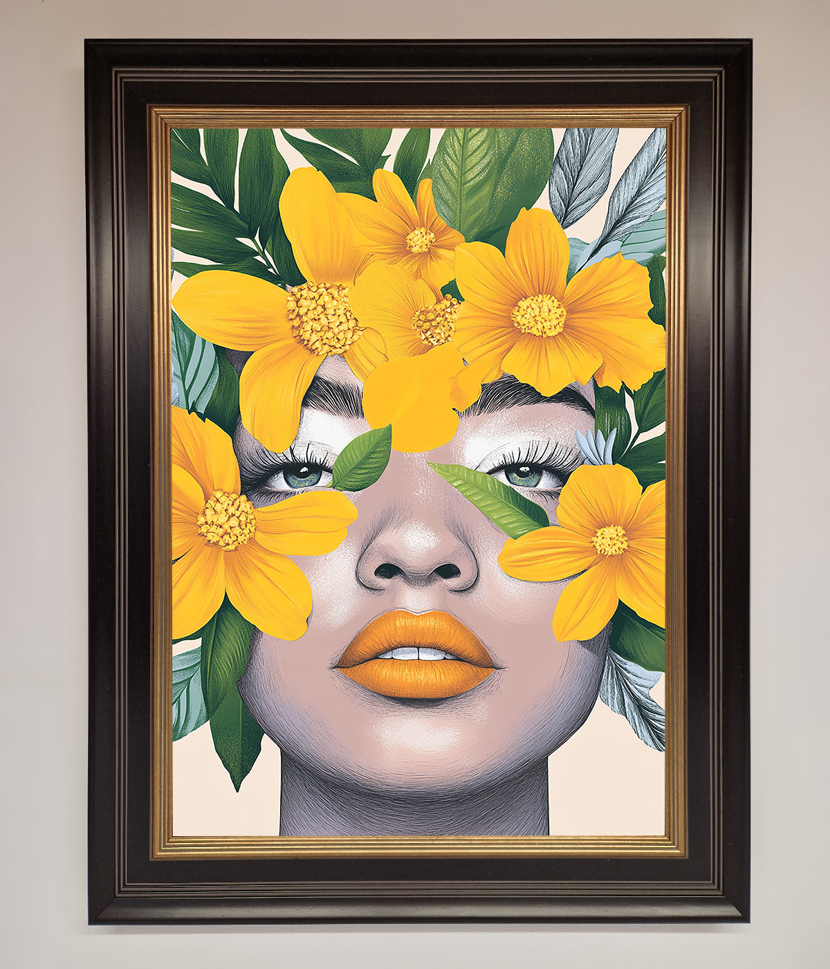 Yellow Flowers Head Framed Poster in black frame, vibrant artwork for home or office decor.