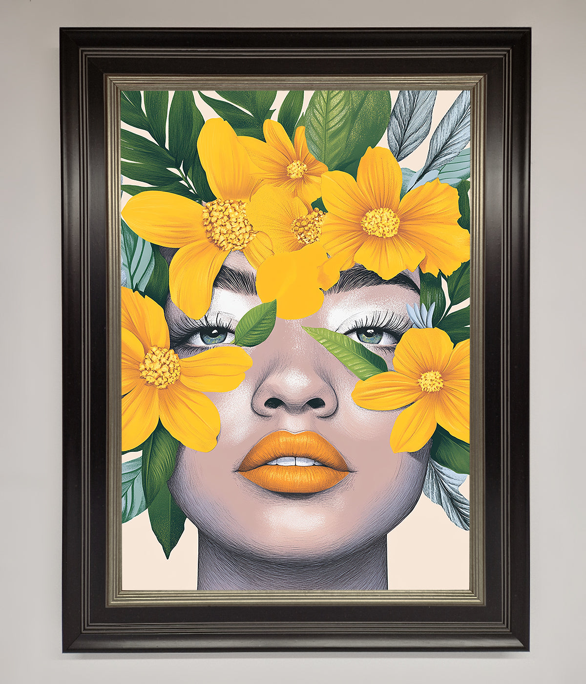 Yellow Flowers Head Framed Poster with vibrant floral design.