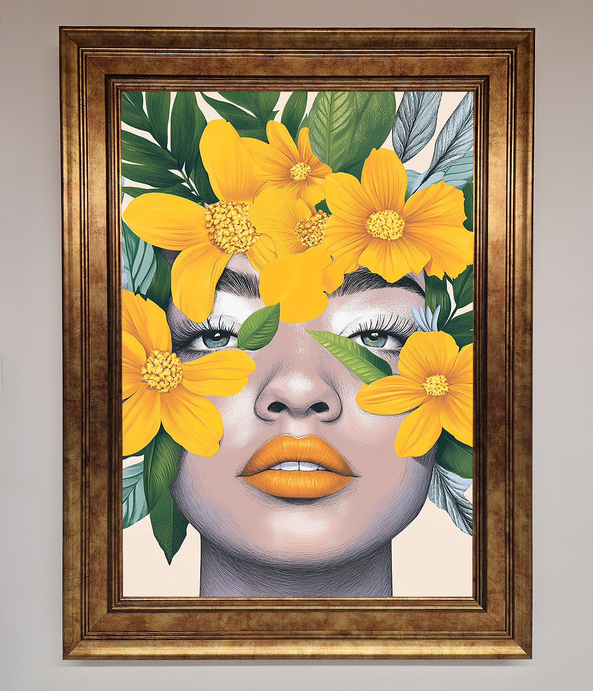 Yellow flowers head framed poster with vibrant floral design.