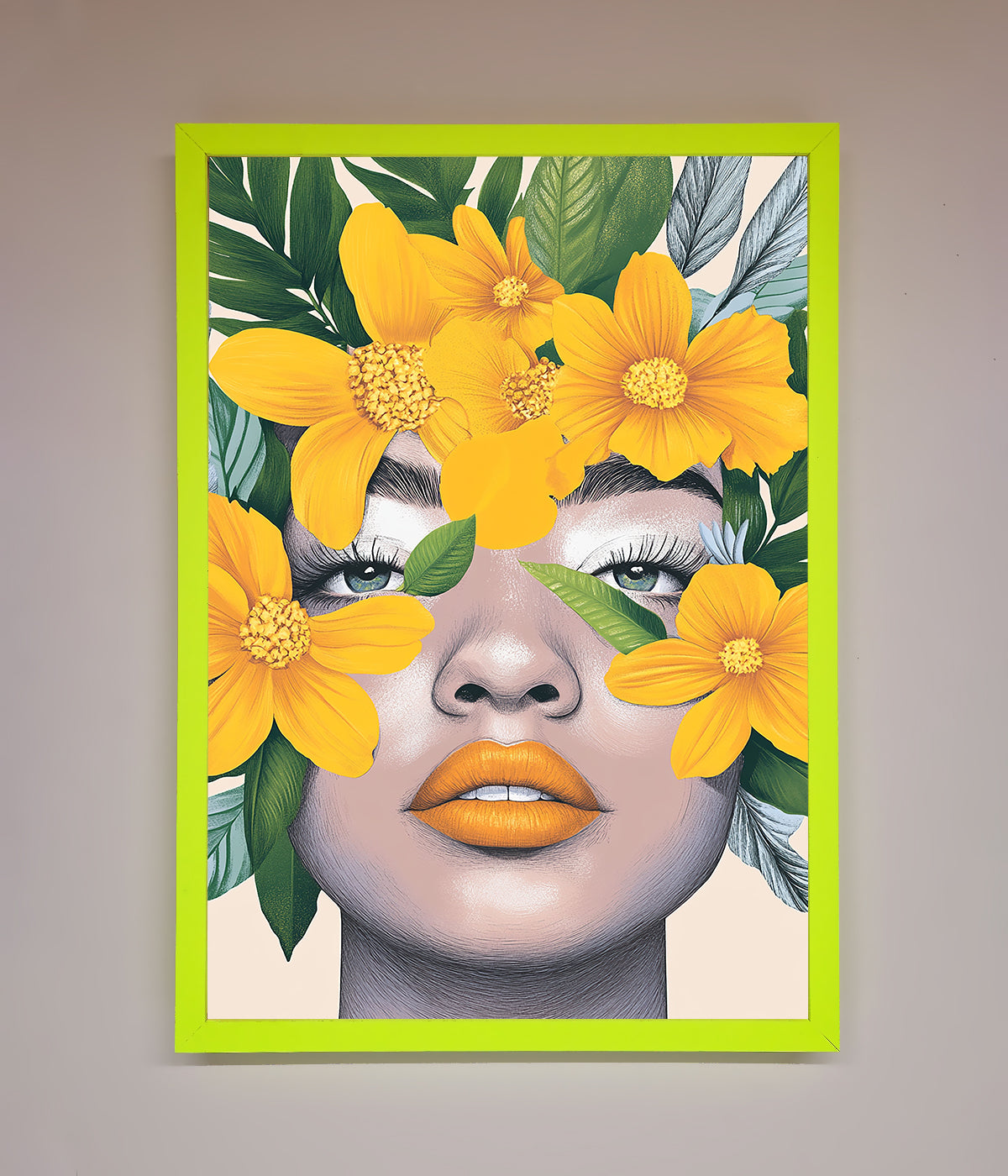 Yellow Flowers Head framed poster with vibrant blooms and elegant design.