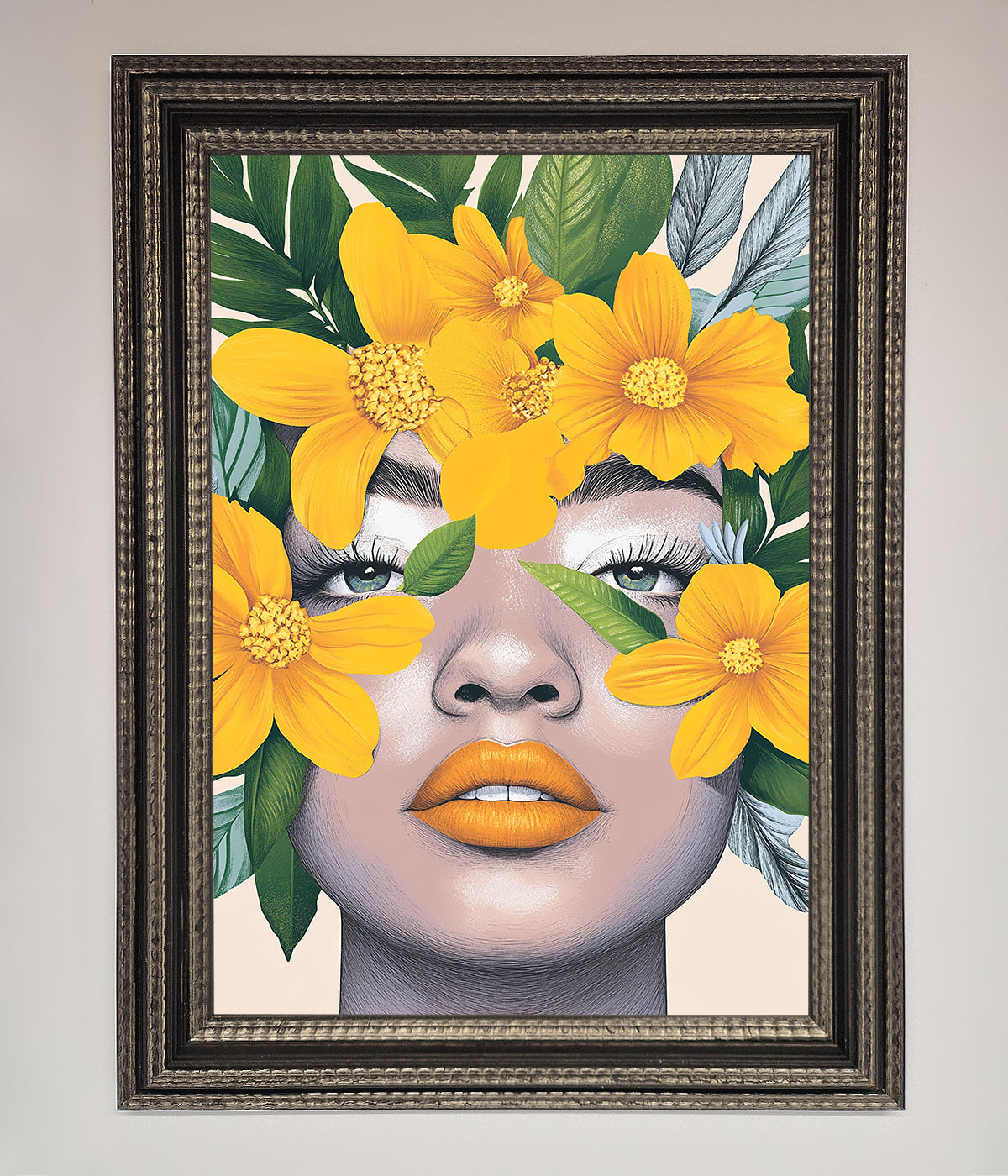 Yellow Flowers Head framed poster with vibrant floral design.